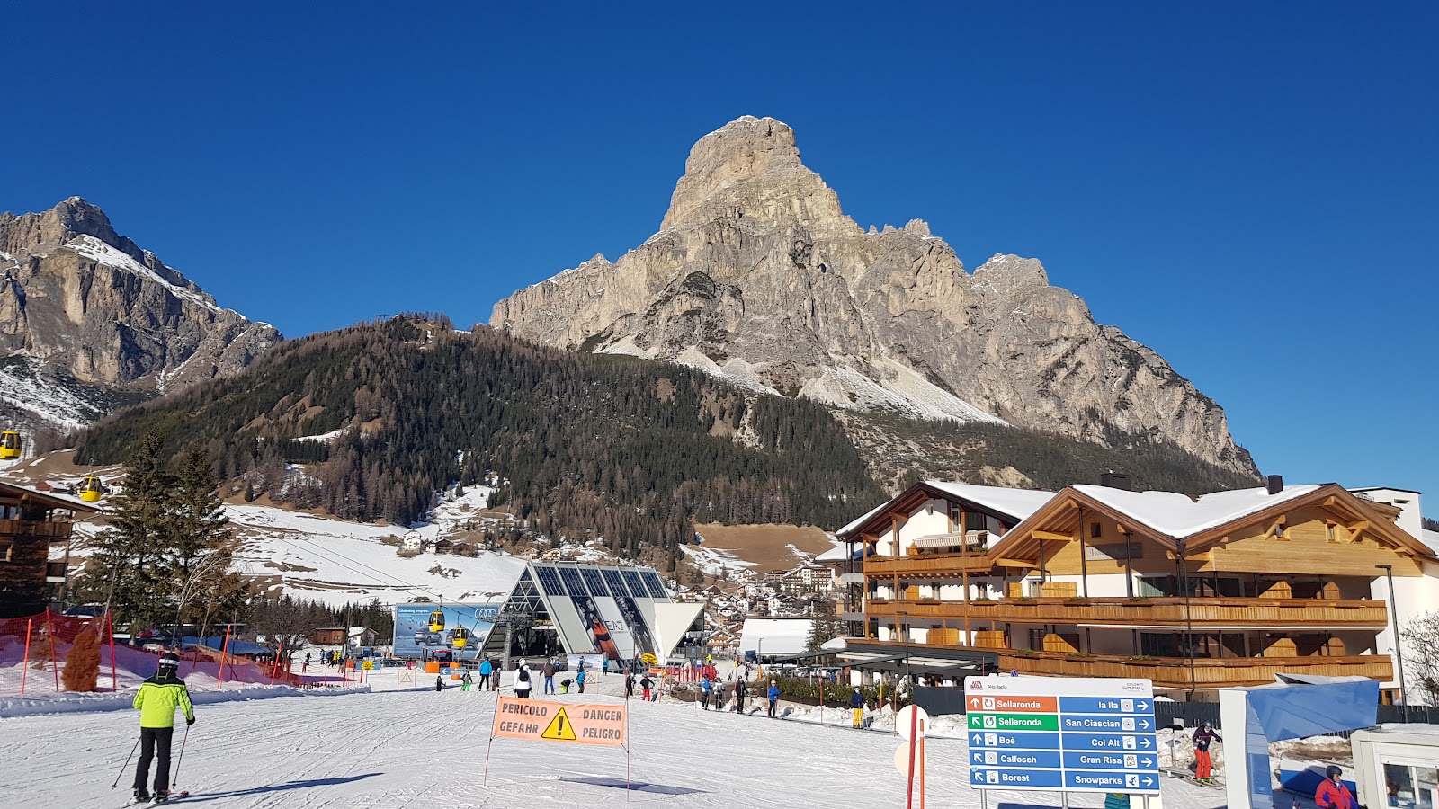 The sunny Alta Badia slopes around Corvara below the Sella massif in the Dolomites
