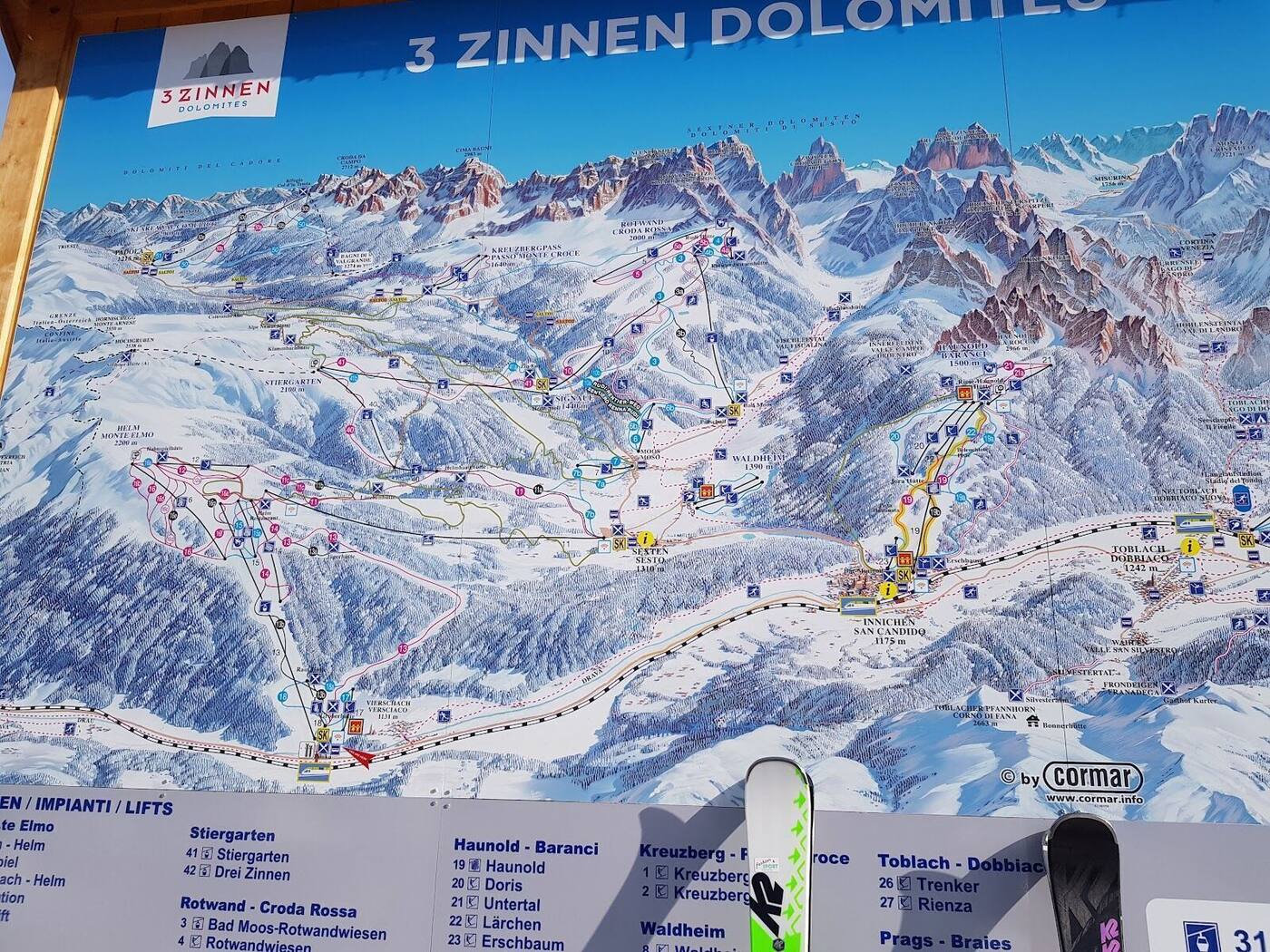 Groomed blue pistes in the 3 Zinnen area below the Tre Cime peaks