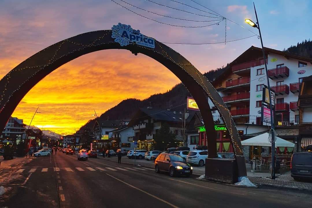 Snowy chalets and the resort village of Aprica in Lombardy