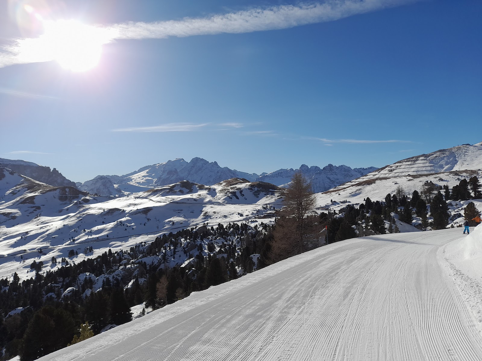 Skiers on the Sella Ronda circuit in the Dolomites near Arabba