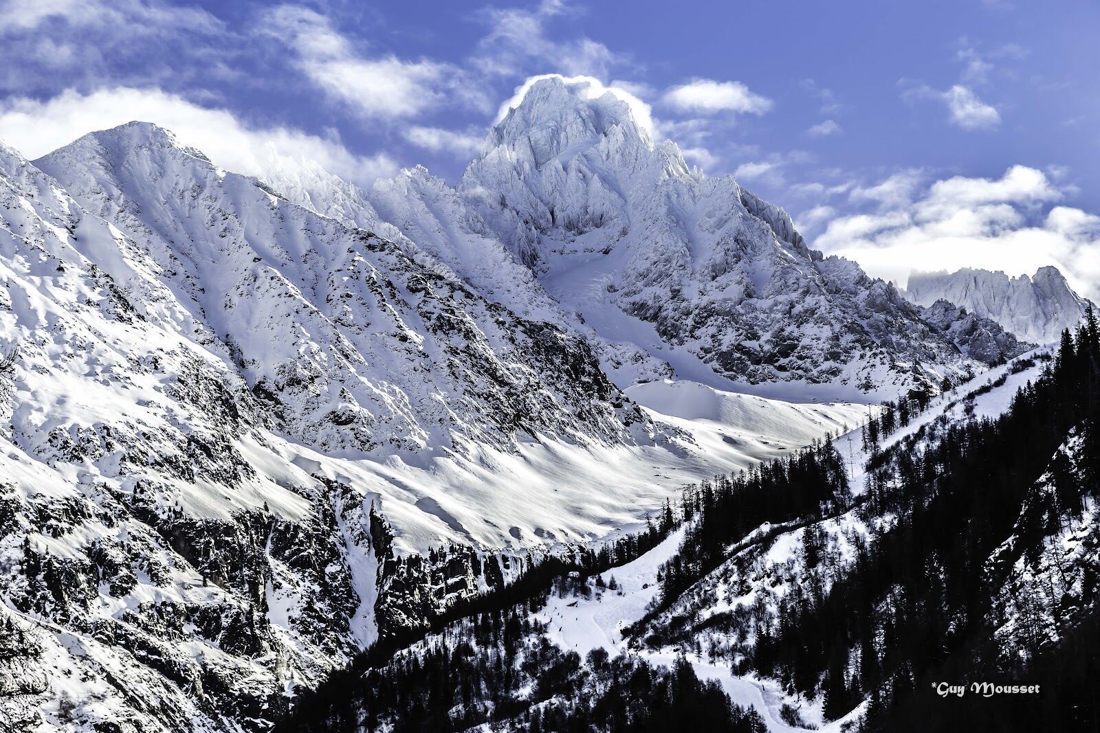 The Grands Montets ski area rising above Argentiere in winter