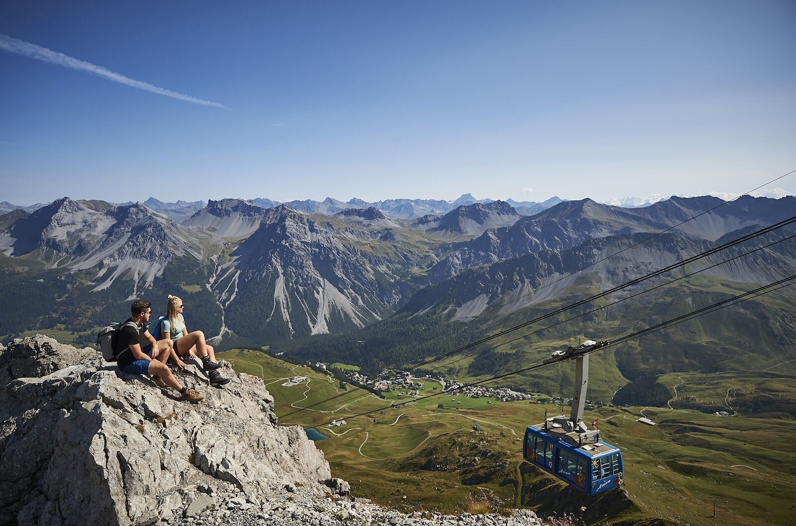 View across the high sunny bowls of the Arosa Lenzerheide ski area