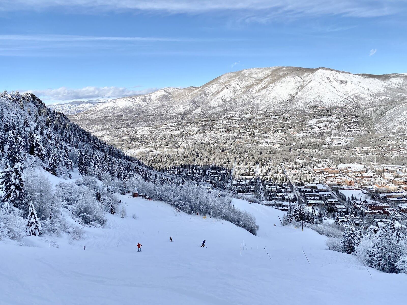 Aspen Mountain rising steeply above the town of Aspen in Colorado in winter