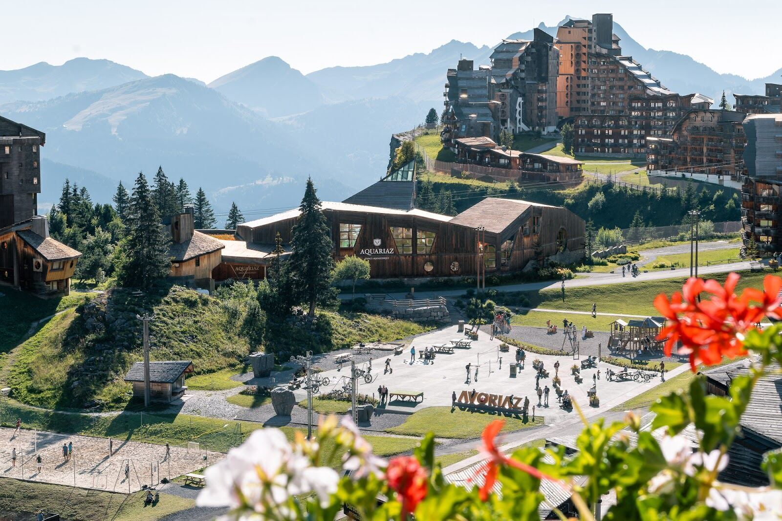 Snowy traffic free streets between the angular buildings of Avoriaz