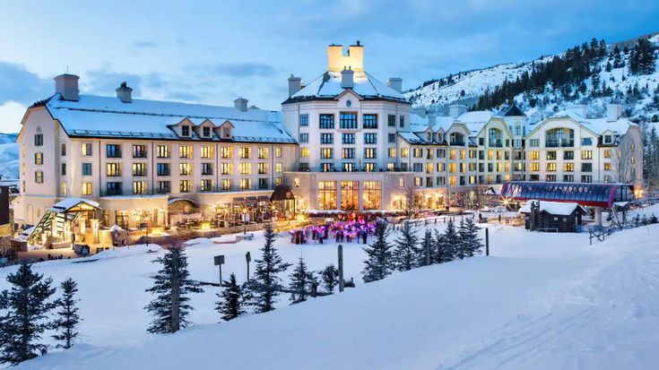 Snowy lodges and a chairlift in the pedestrian village at Beaver Creek