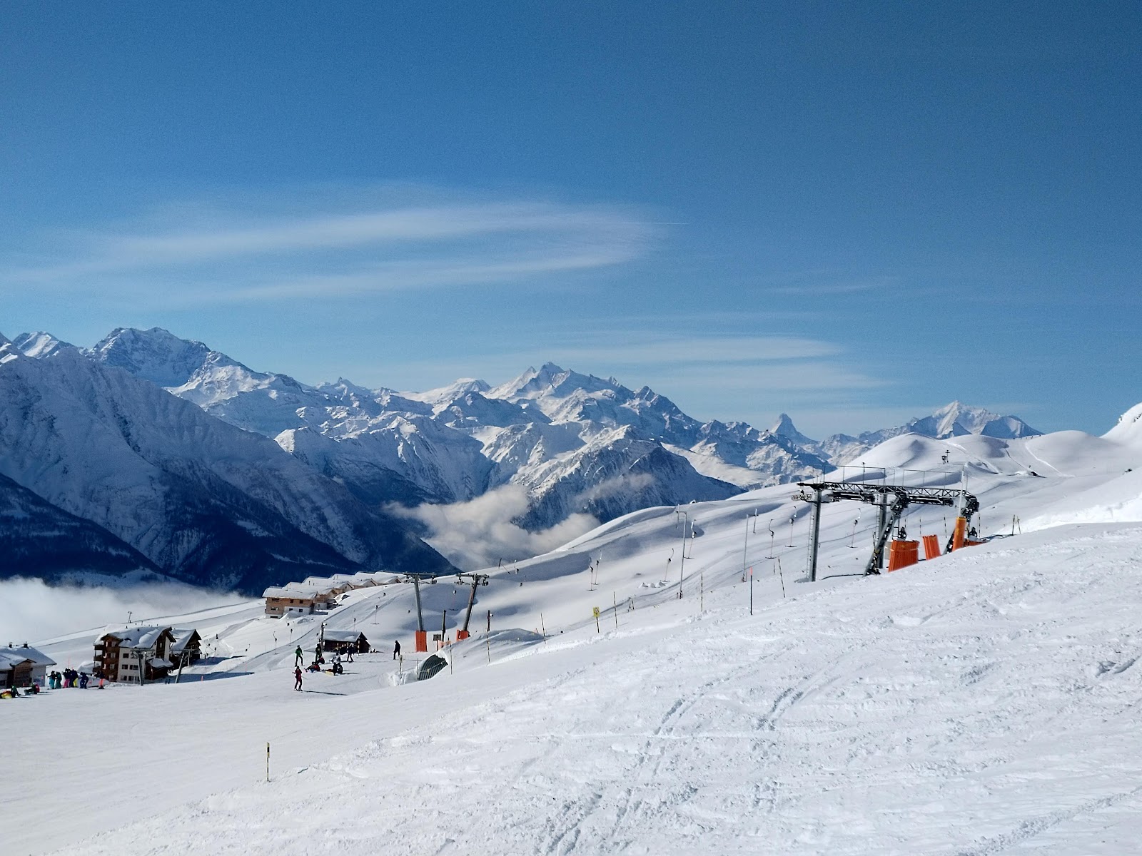 The car free terrace village of Bettmeralp above the Rhone valley in winter