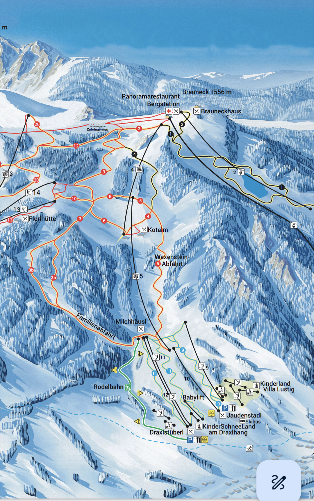 The gondola and snowy slopes above Lenggries at Brauneck