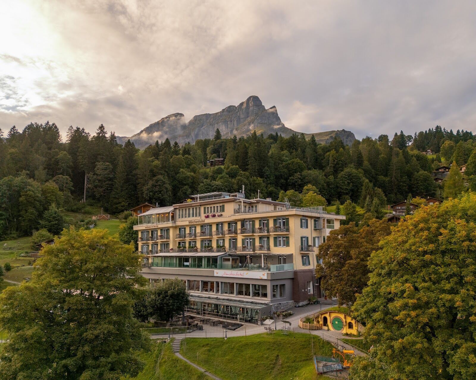 Car free Braunwald village on its sun terrace above the valley