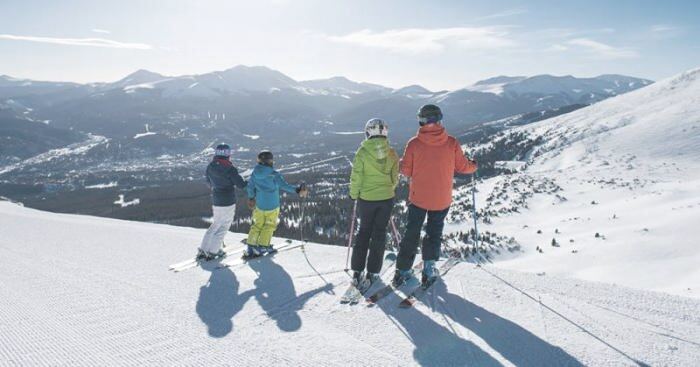 High snow sure ski runs above the Victorian town of Breckenridge in Colorado