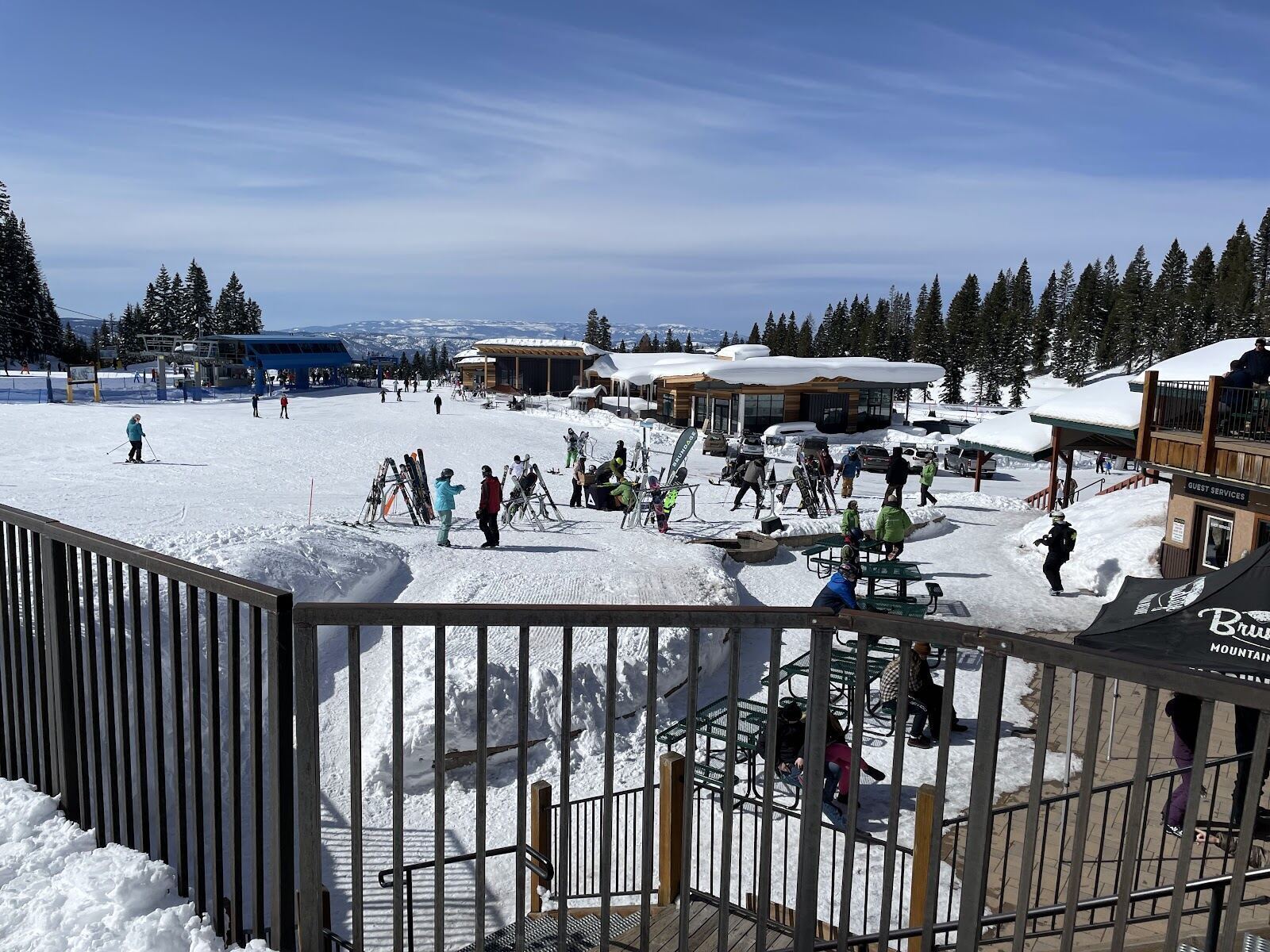 Skiers riding fresh dry snow through trees at Brundage