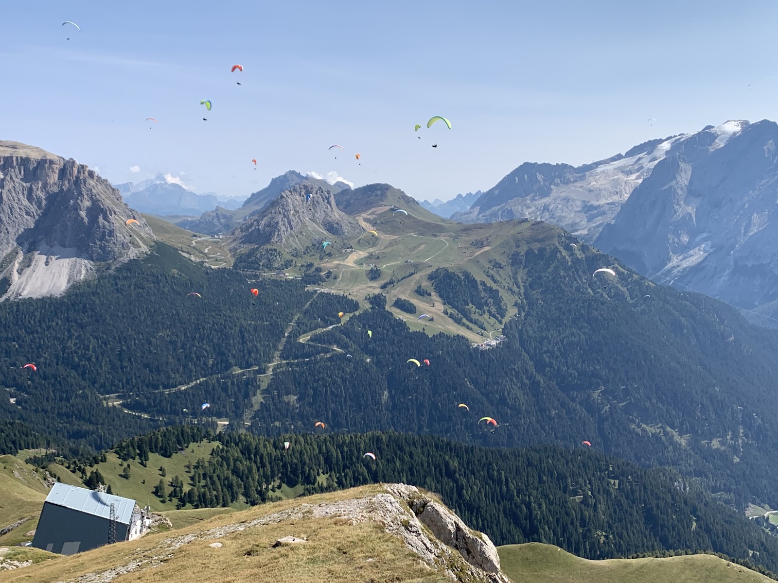 The Col Rodella cable car rising from Campitello to the Sella Ronda