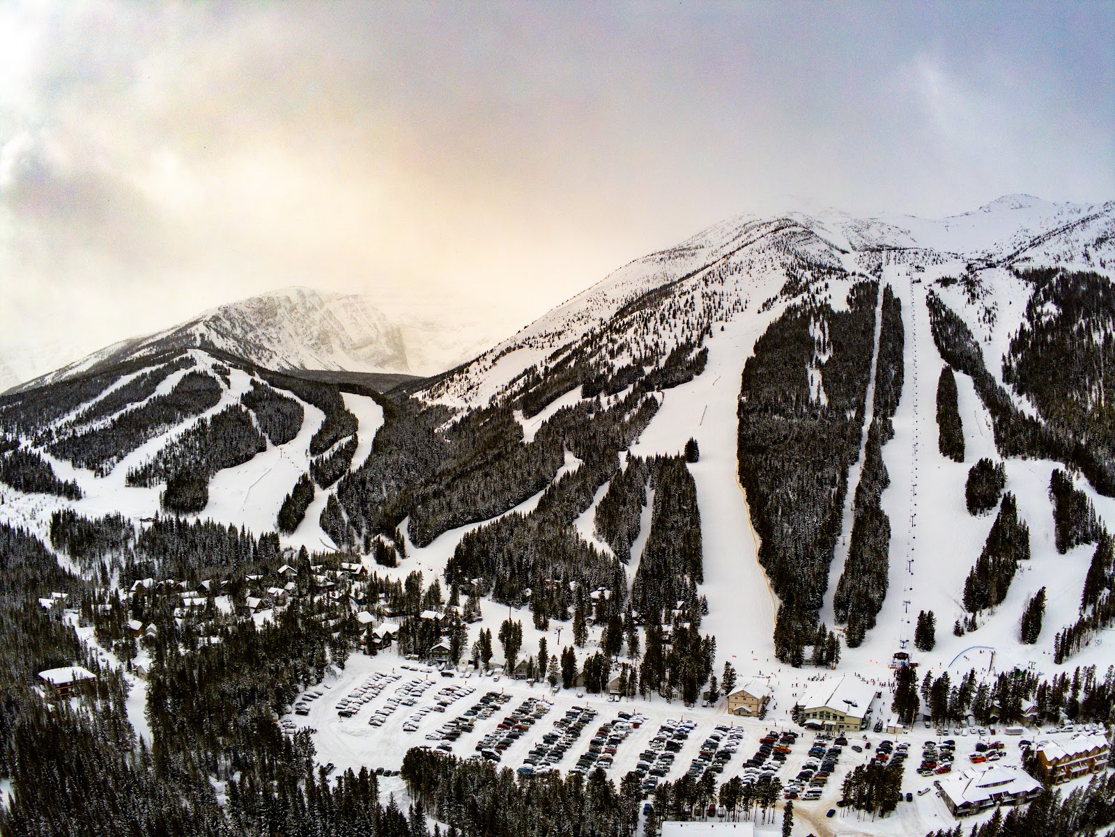 The steep snowy slopes of Castle Mountain Resort in southern Alberta