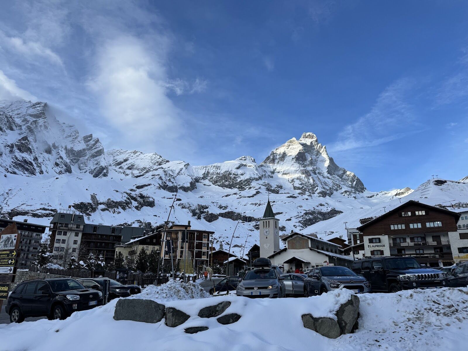 Skiers on the high glacier slopes shared by Cervinia and Zermatt