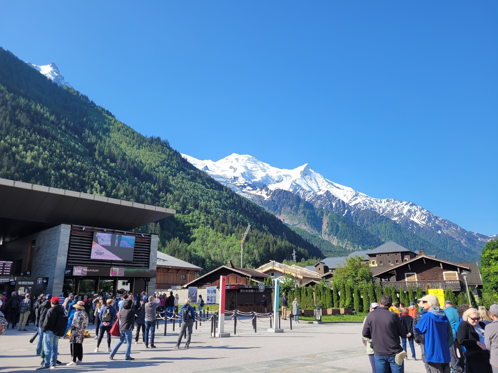 Chamonix town below Mont Blanc under winter snow