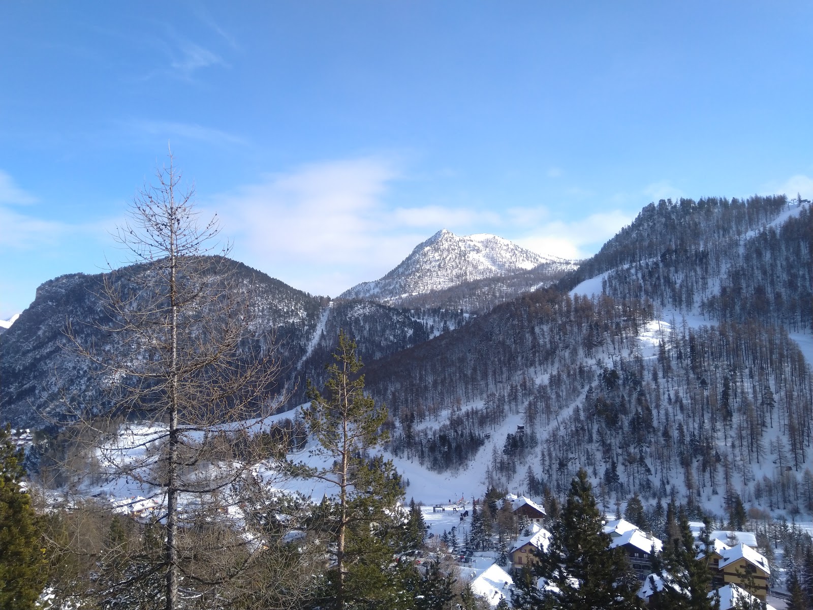 Sunny tree lined Italian alps ski village under snow