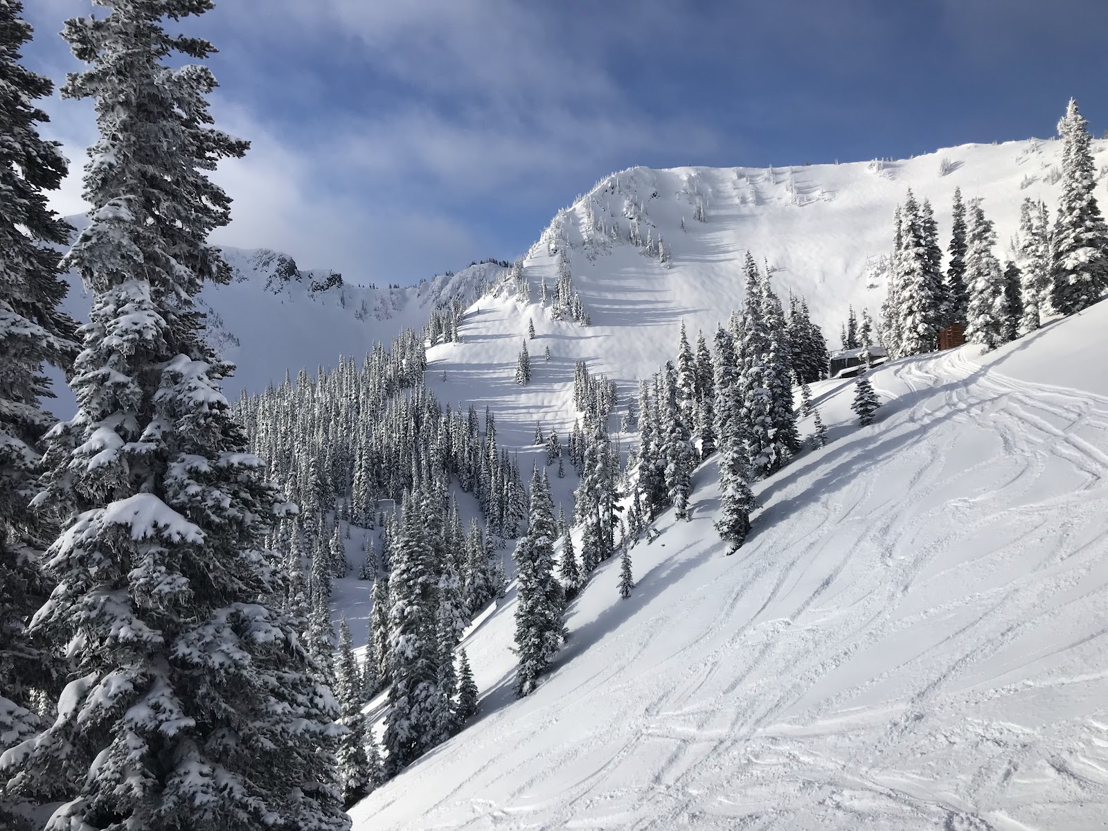 The gondola climbing toward the summit at Crystal Mountain