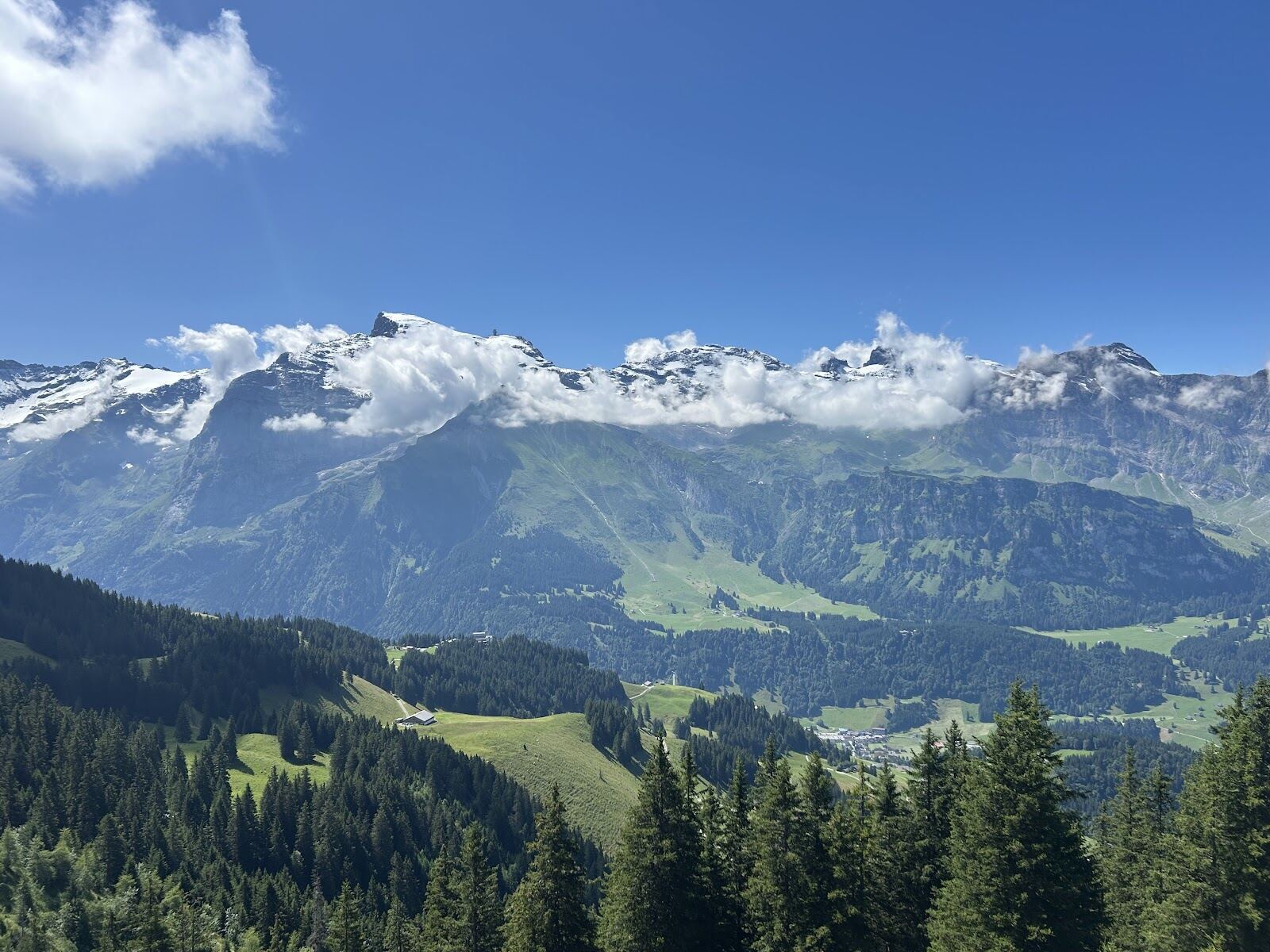 The monastery and snowy streets of Engelberg town