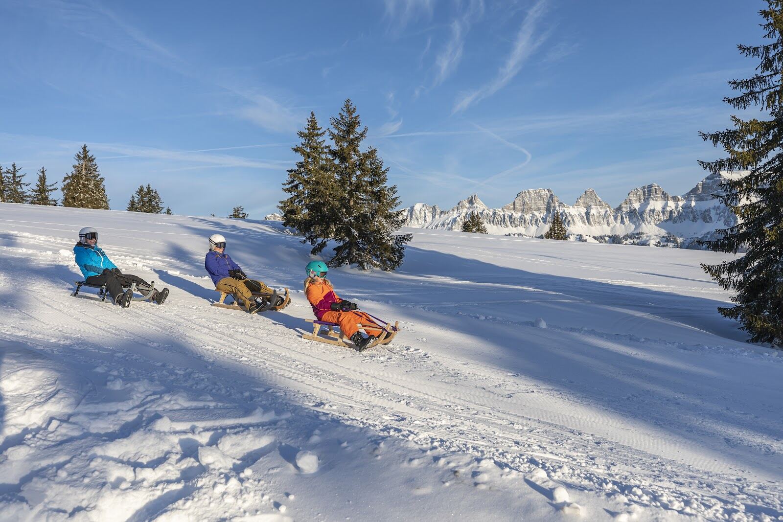 Snow covered resort buildings on the Flumserberg shelf