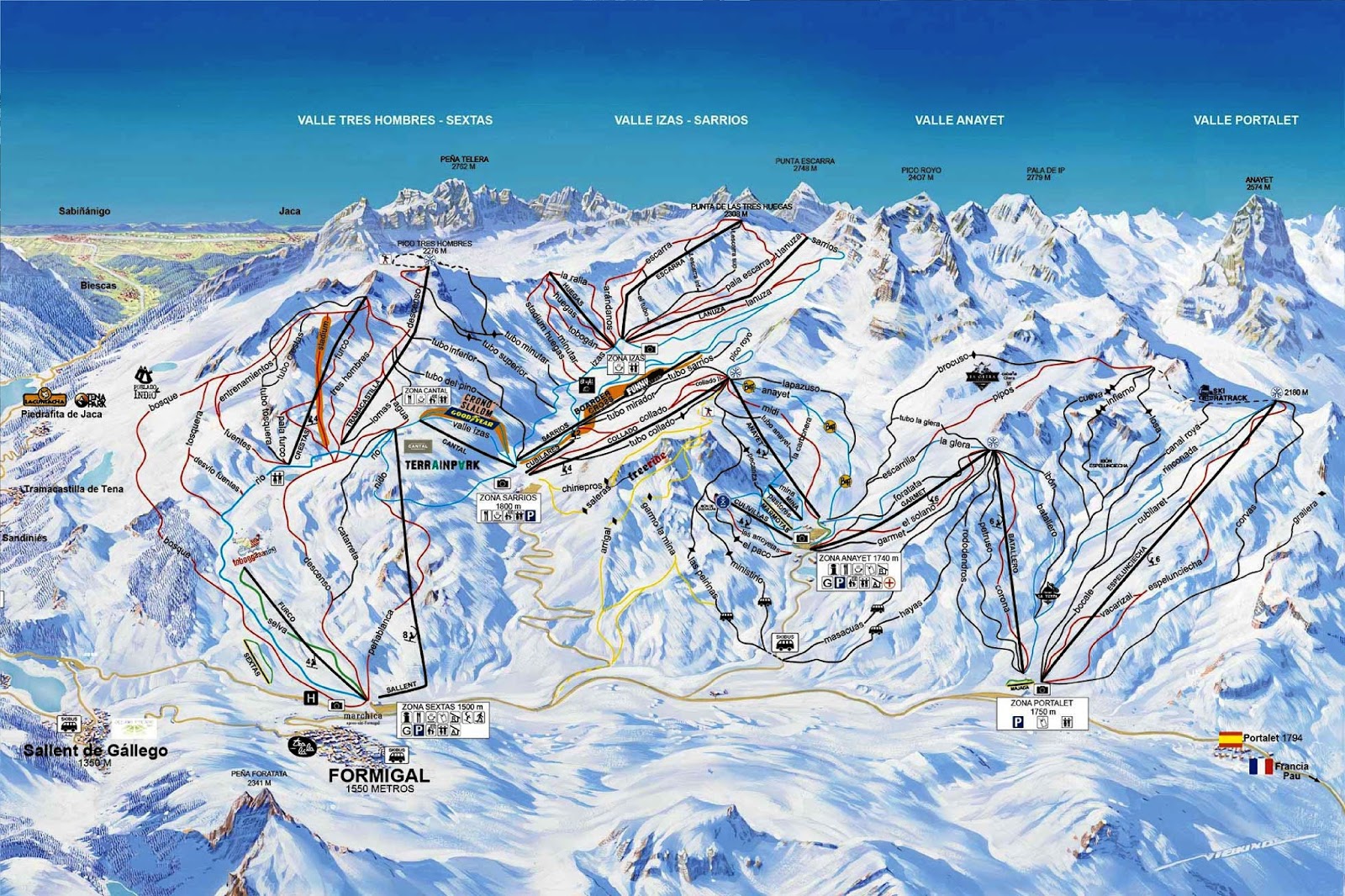 Wide treeless ski slopes and lifts across Formigal in Aragon