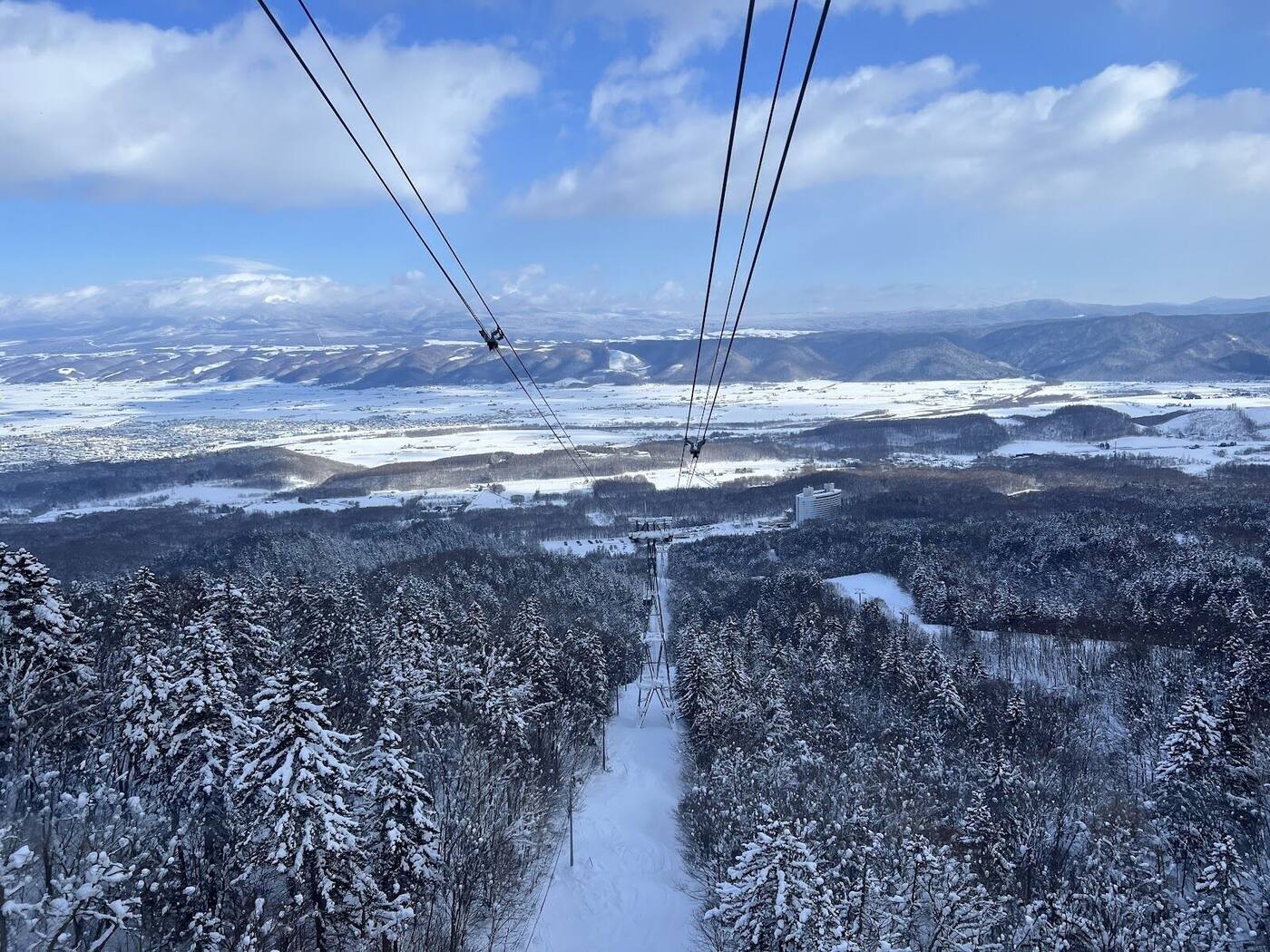Snowy streets of the Japanese town below Furano ski resort