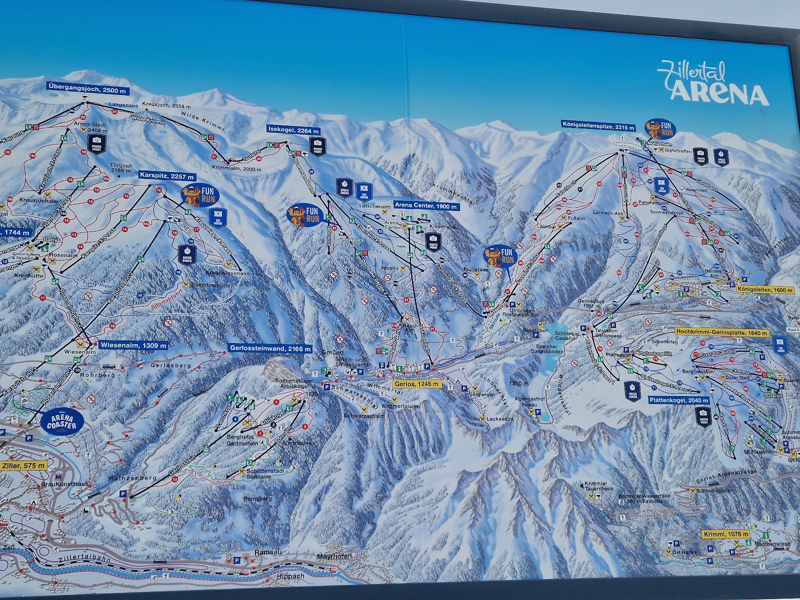 The sunny village of Gerlos in the Zillertal Arena under snowy peaks