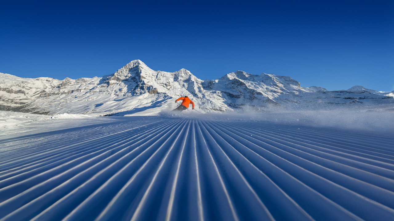 The village of Grindelwald in a green valley beneath the snow covered north face of the Eiger