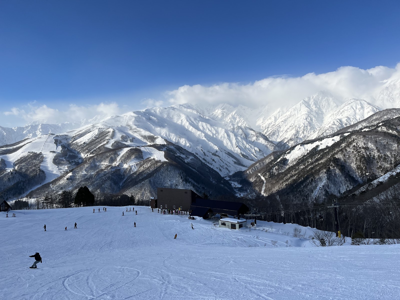 Snowy gentle slopes and the lift base at Hakuba Iwatake in the Hakuba Valley of Nagano