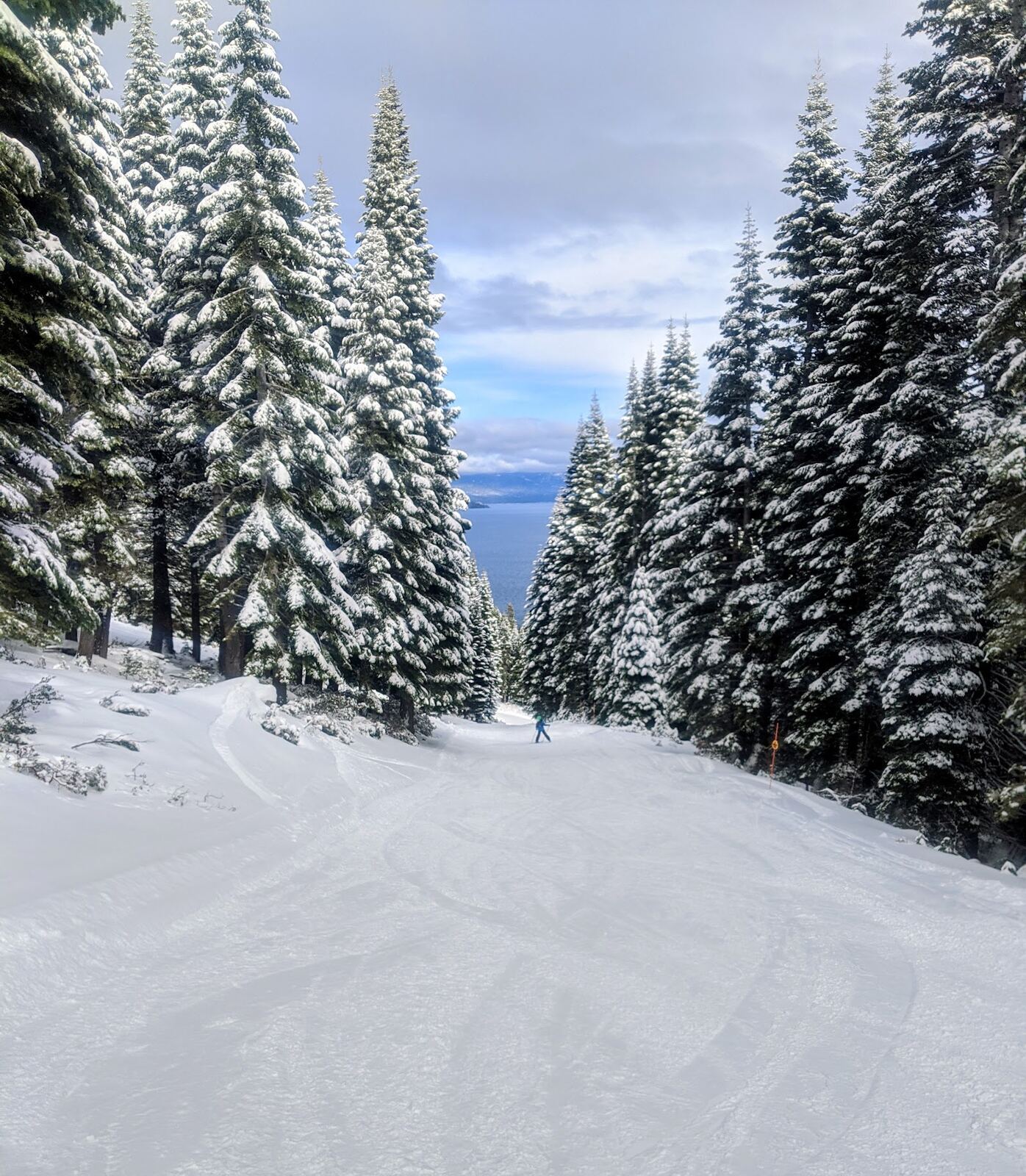 The west shore of Lake Tahoe in winter below the mountain