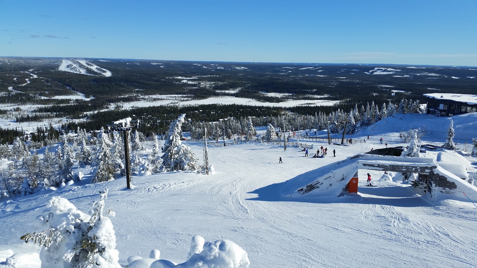 Wide floodlit beginner pistes through snowy forest at Iso Syote in Finland