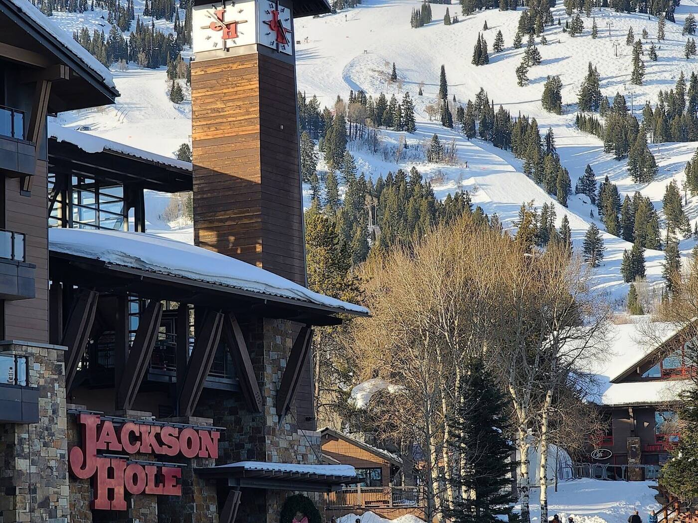 The aerial tram rising over steep snowy slopes at Jackson Hole