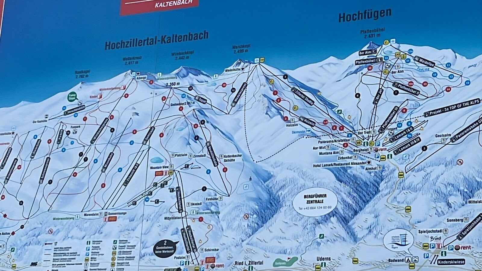 Wide groomed pistes in the sunny bowls of Hochzillertal above Kaltenbach