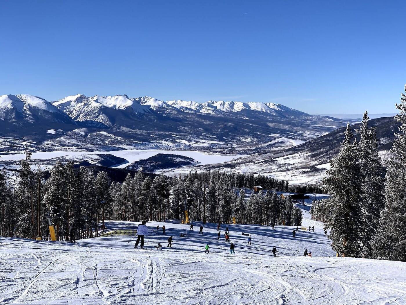 Groomed front face runs and lifts at Keystone ski resort in Colorado