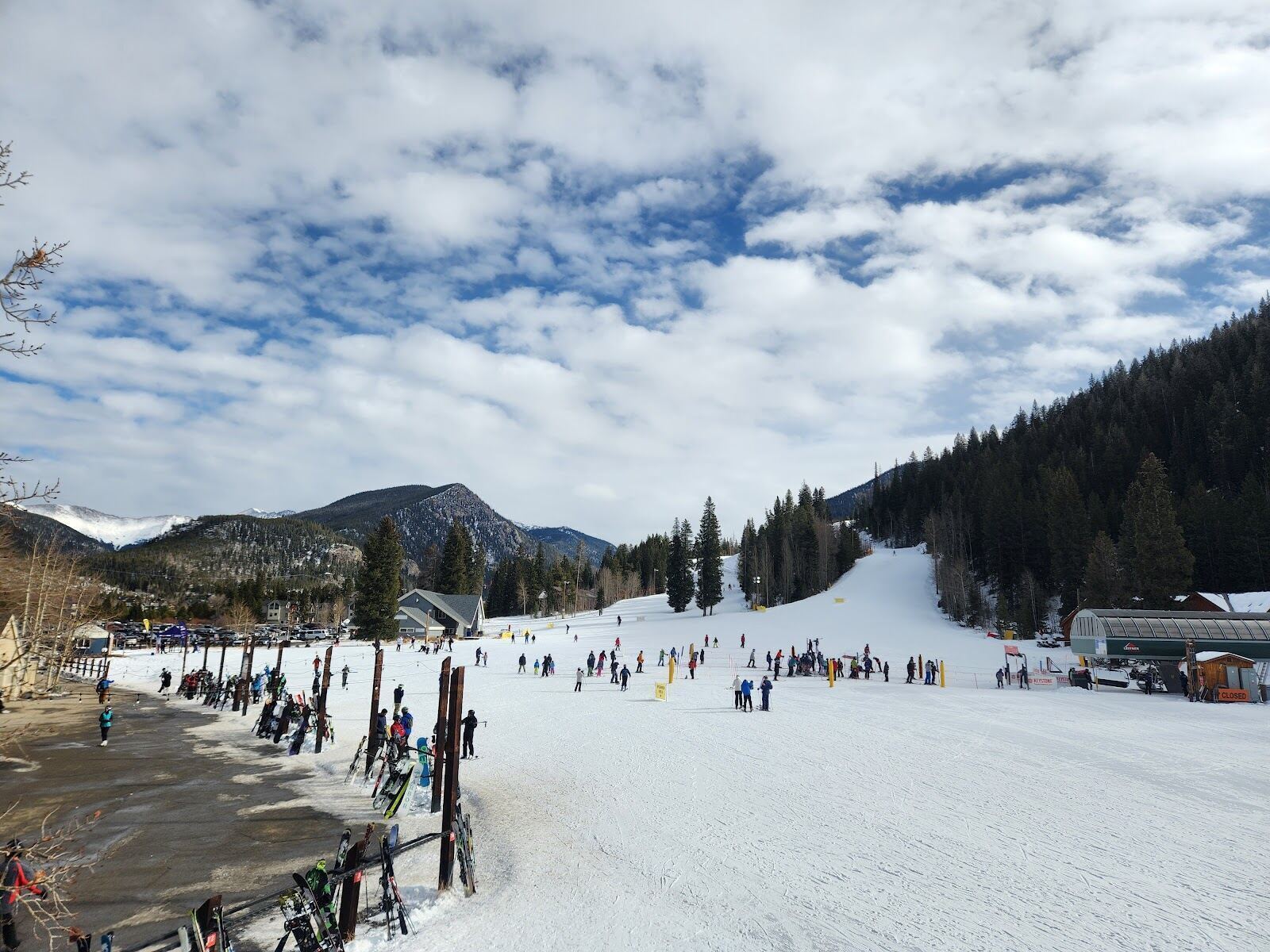The pedestrian River Run village and gondola at the base of Keystone