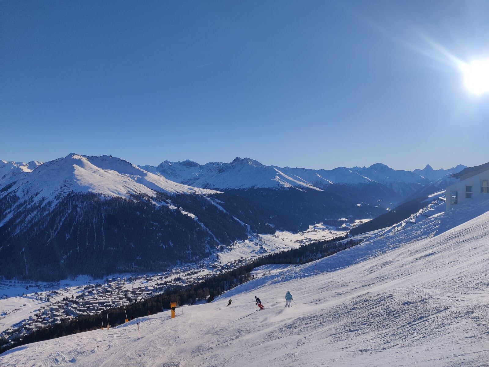 Traditional timber chalets in Klosters under fresh snow