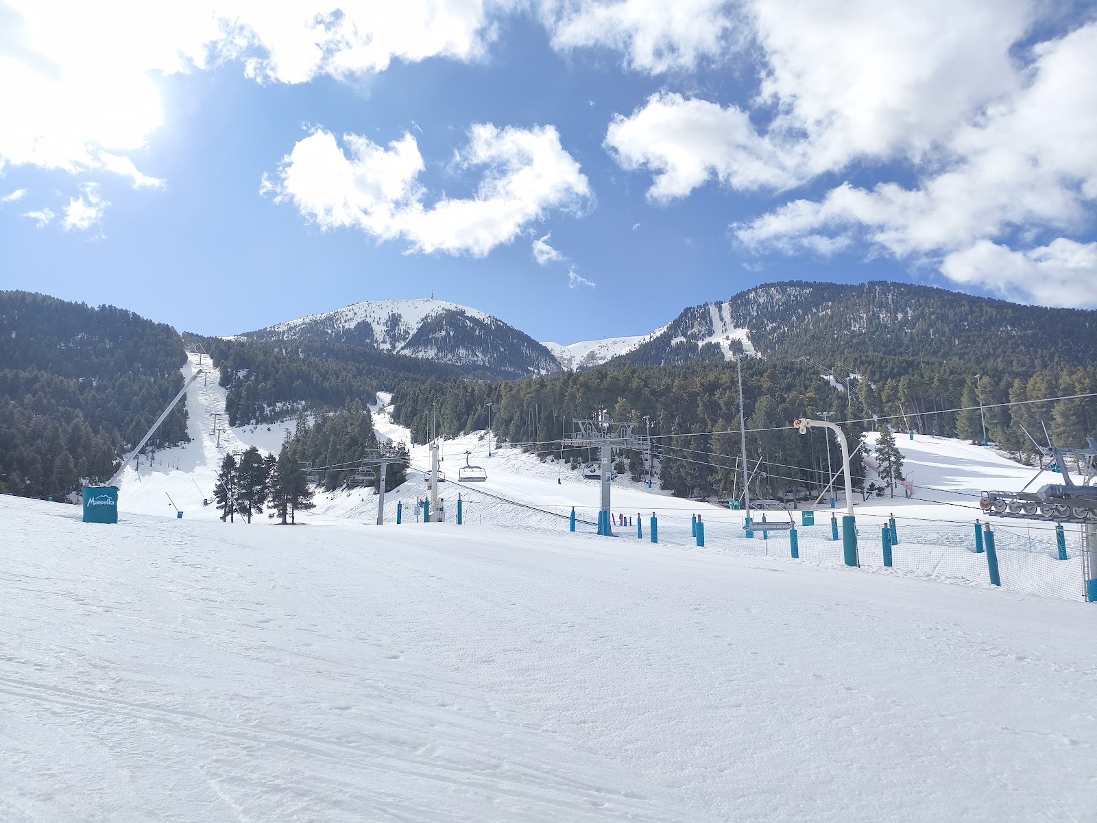 Chairlift rising over snow covered pine slopes