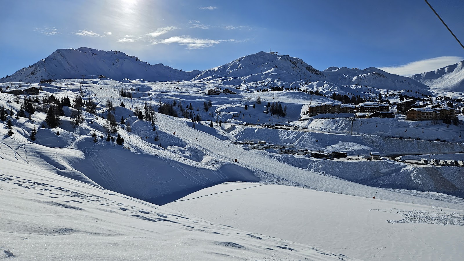 High purpose built ski village of La Plagne under deep snow