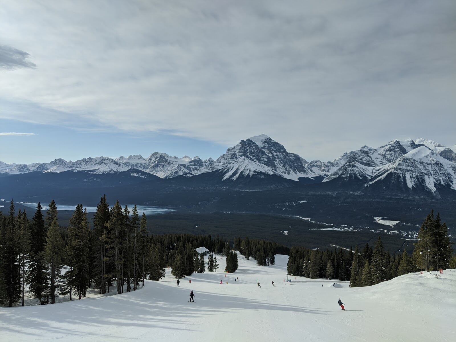 Snowy peaks and pine forest above Lake Louise ski resort in the Canadian Rockies