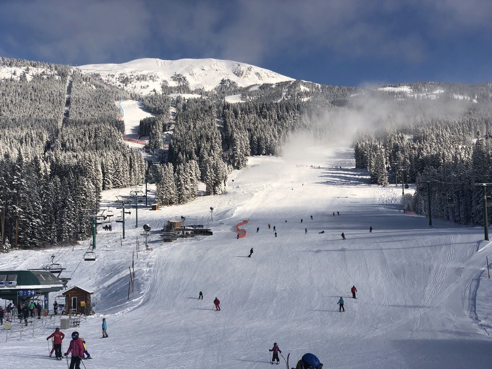 Long groomed front side run with mountain views at Lake Louise