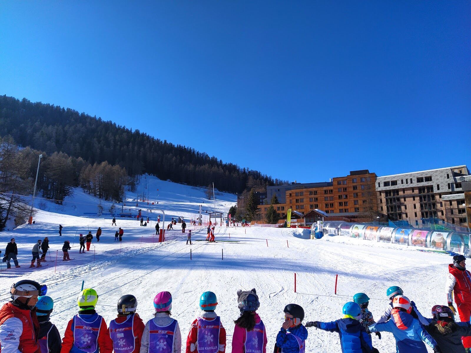 The car free apartment village of Les Karellis under snow