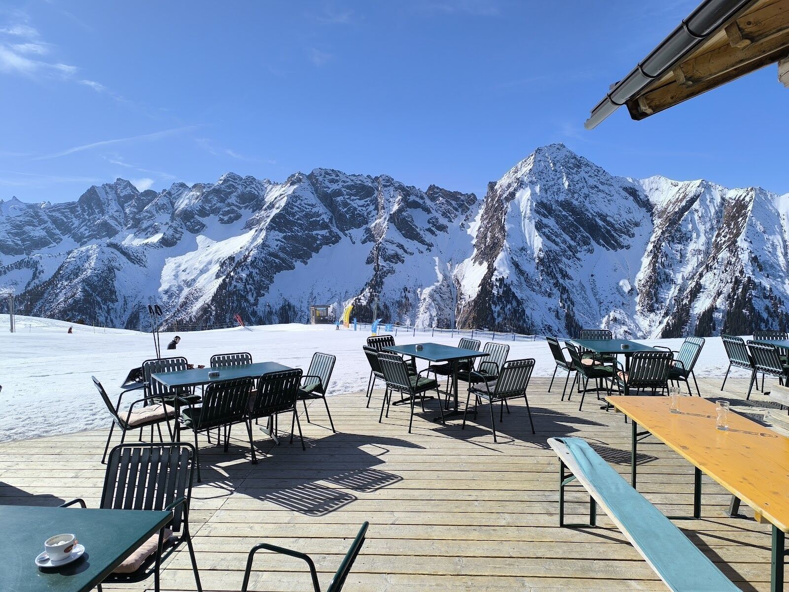 A busy apres ski bar terrace in Mayrhofen town
