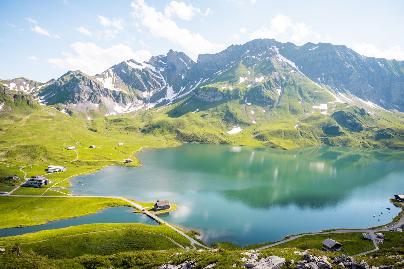 Car free hotels and apartments on the snowy Melchsee Frutt plateau