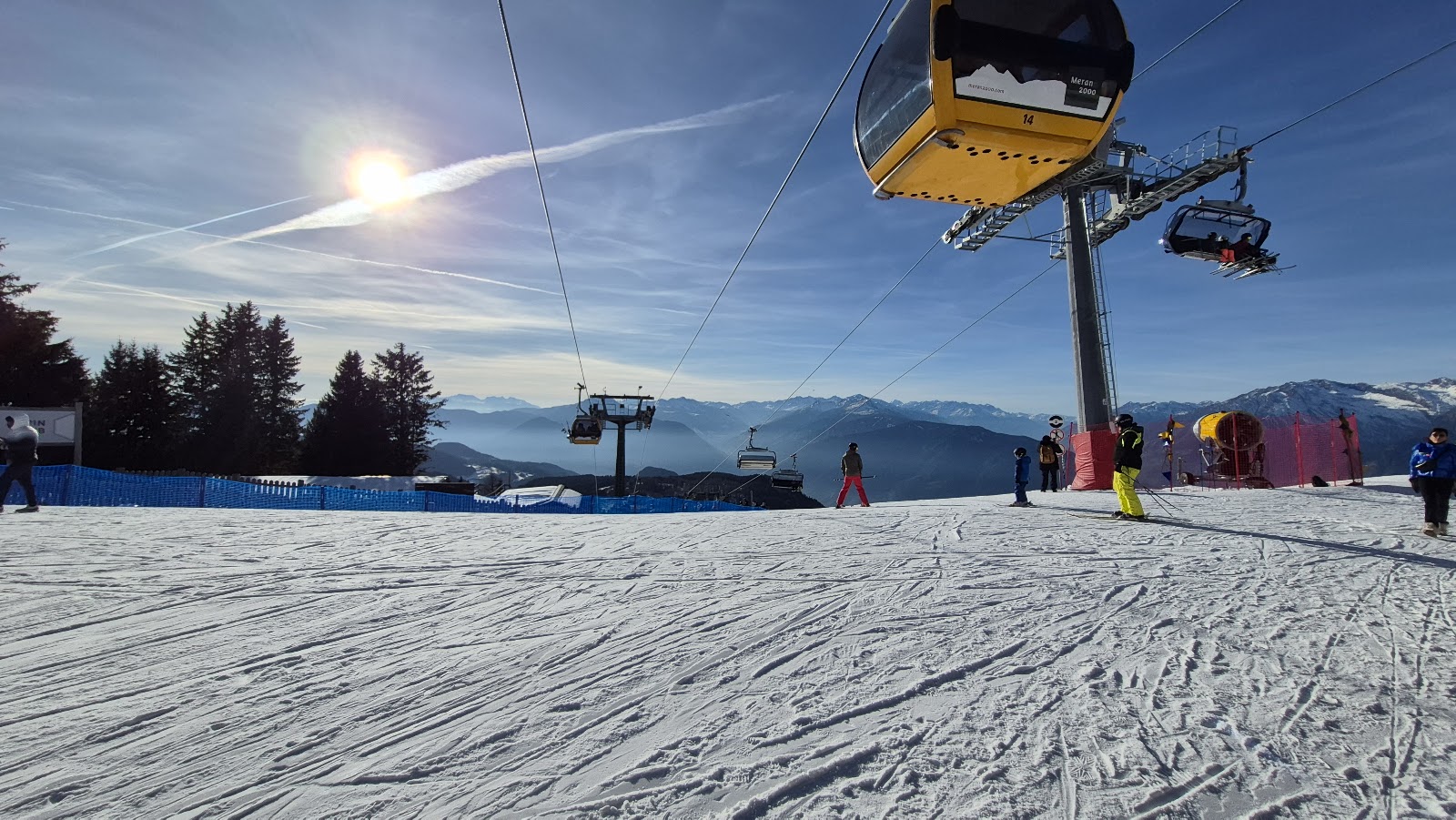 Sunny well groomed blue pistes on the Merano 2000 plateau in South Tyrol