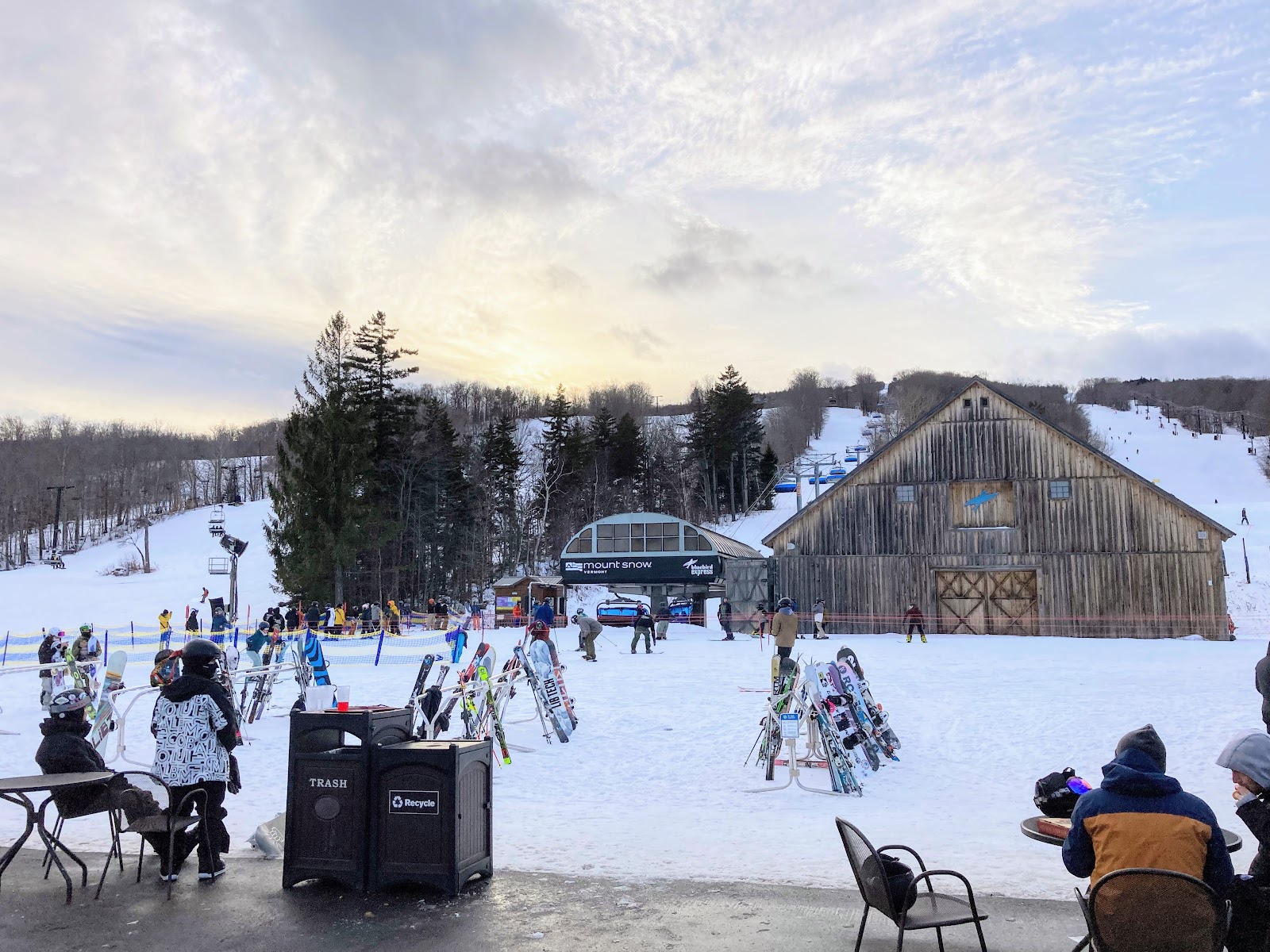 The base area and lodge at Mount Snow under winter snow