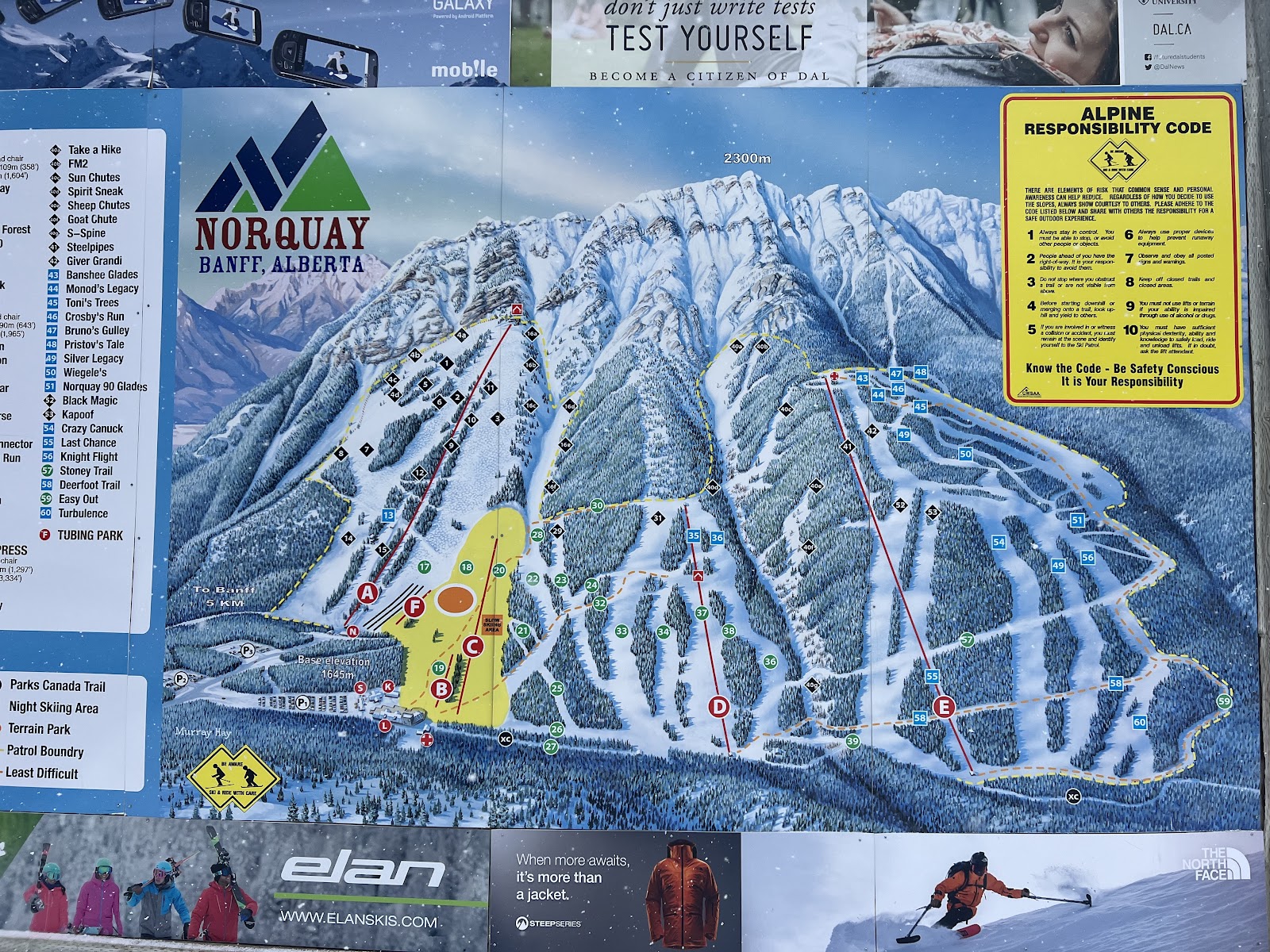 Steep groomed runs and the day lodge at Mt Norquay above the town of Banff in Alberta