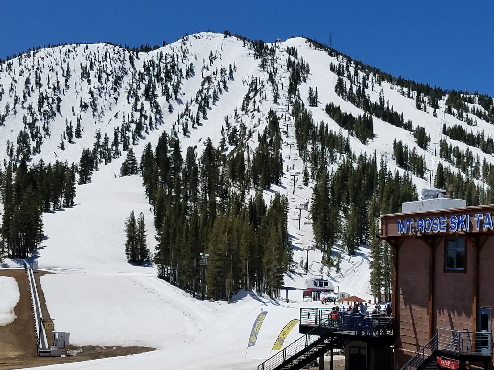 Snowy high slopes of Mt Rose above Lake Tahoe under blue sky