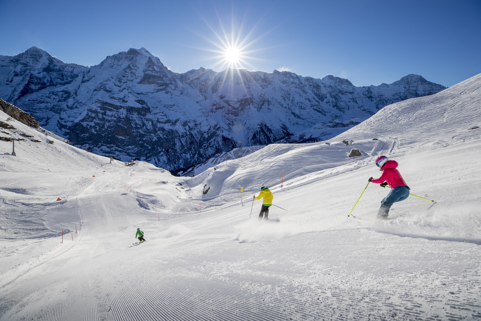 The car free village of Murren on its cliff terrace facing the Eiger and Jungfrau