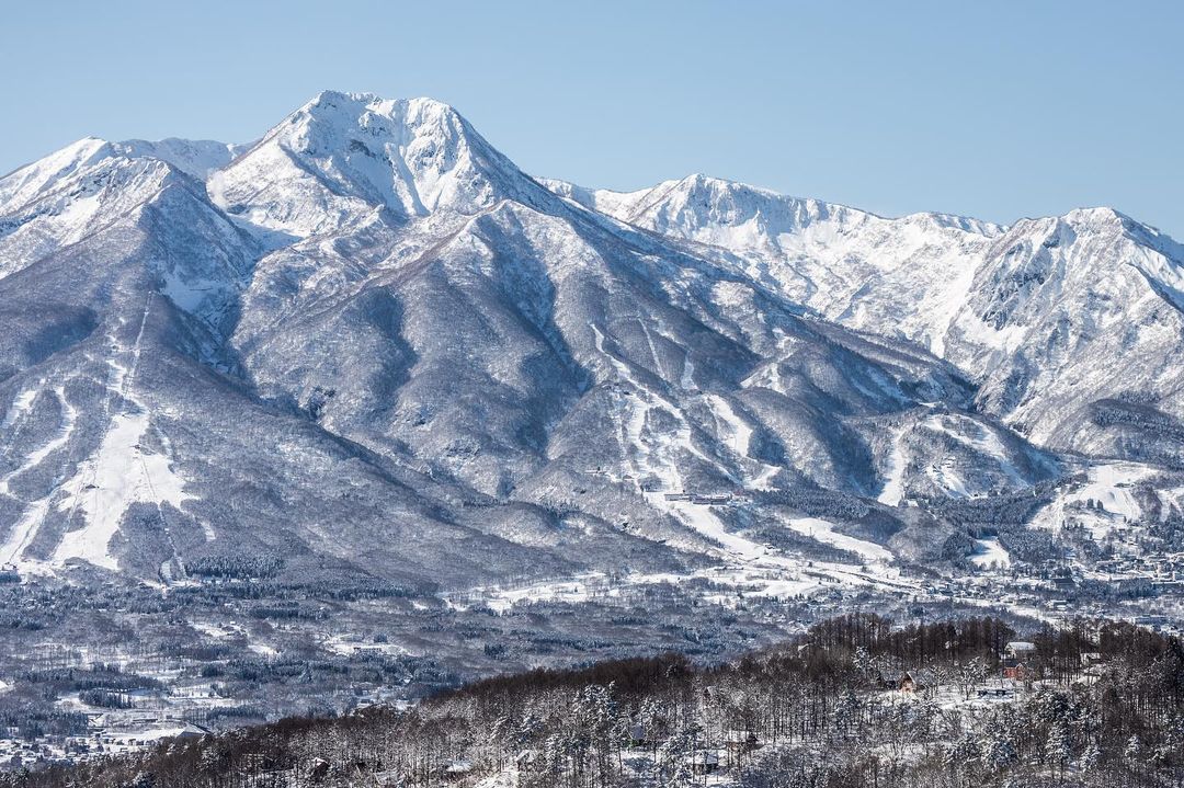 Skiers riding long groomed pistes below tree covered peaks