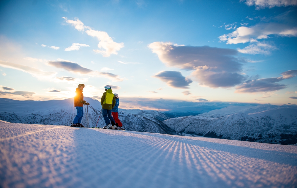 Snowy slopes and modern base village at Myrkdalen near Voss in western Norway