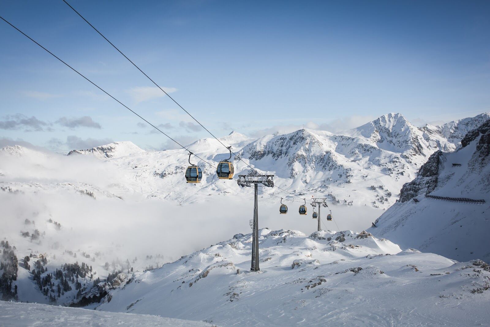Snow covered ski in ski out hotels lining the high pass at Obertauern