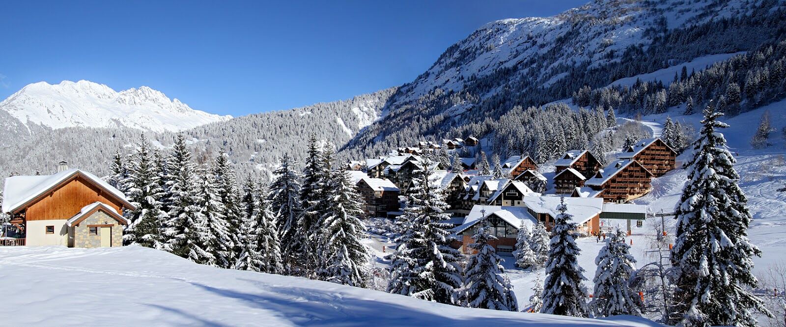 Chalets of Oz en Oisans among snowy pines in winter